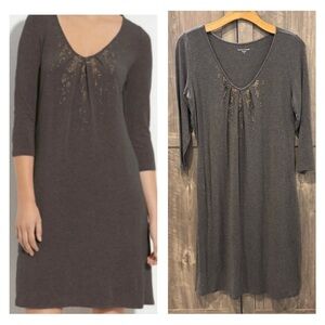 Eileen Fisher Medium Brown Jersey Knit Shift Dress Midi Sequin Italian Yarn